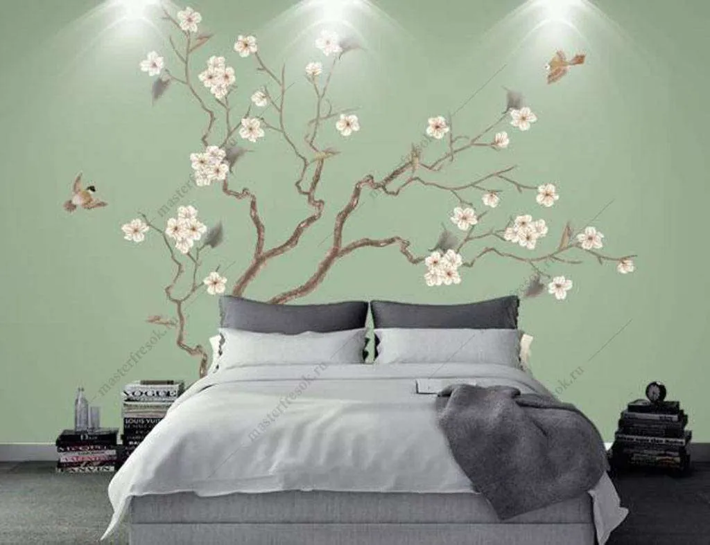 Фотообои в интерьере сакура на зеленом фоне  15-936 фото