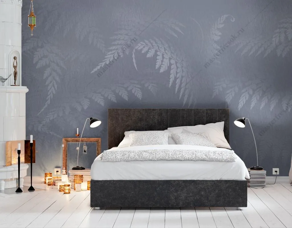 Фотообои в интерьере листья папоротника в тумане  13-467 фото