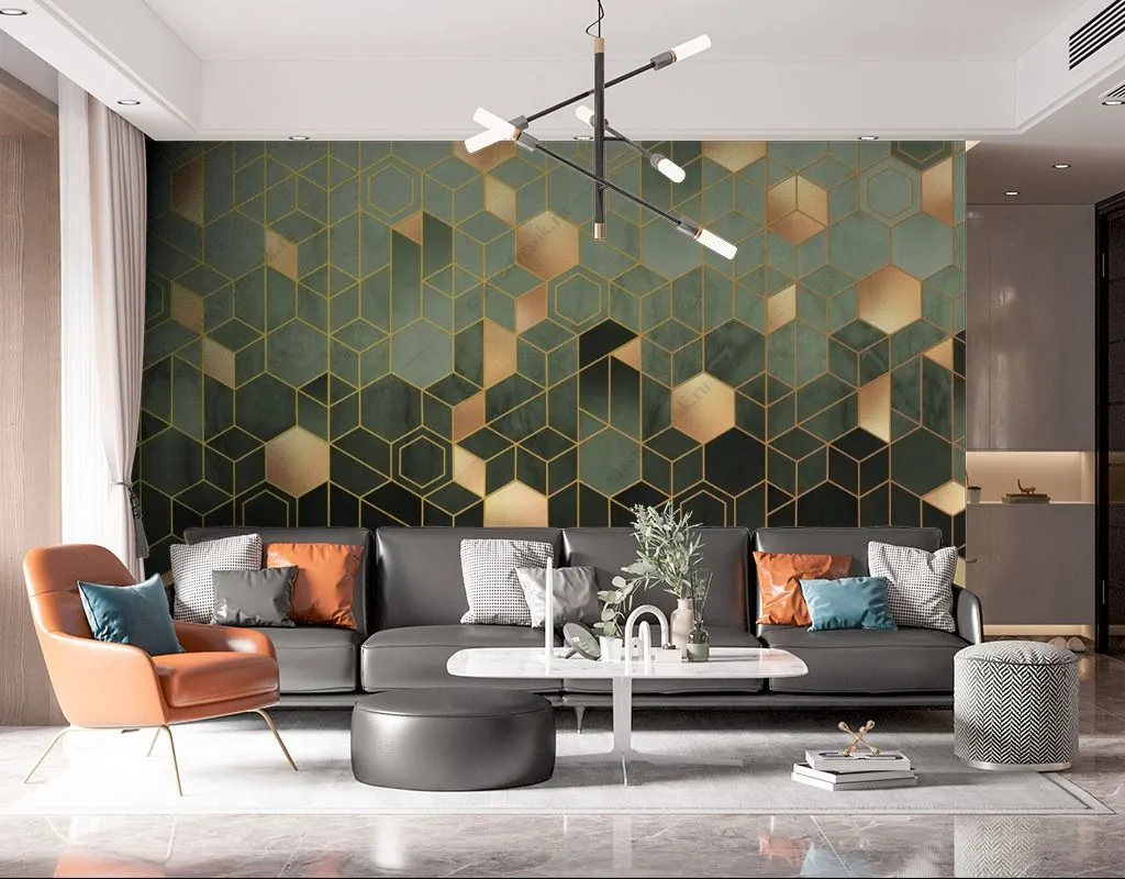 Фотообои в интерьере геометрия шестиугольники золотые  9-1511 фото