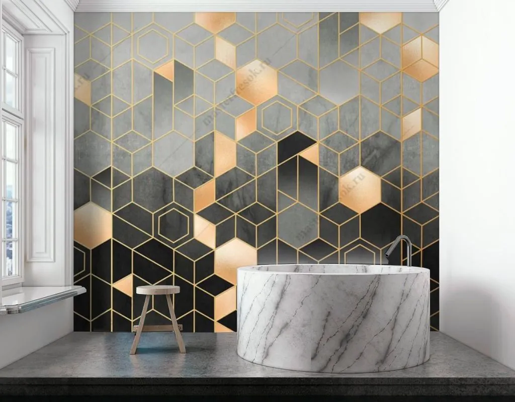 Фотообои в интерьере геометрия шестиугольники с золотом  9-1510 фото
