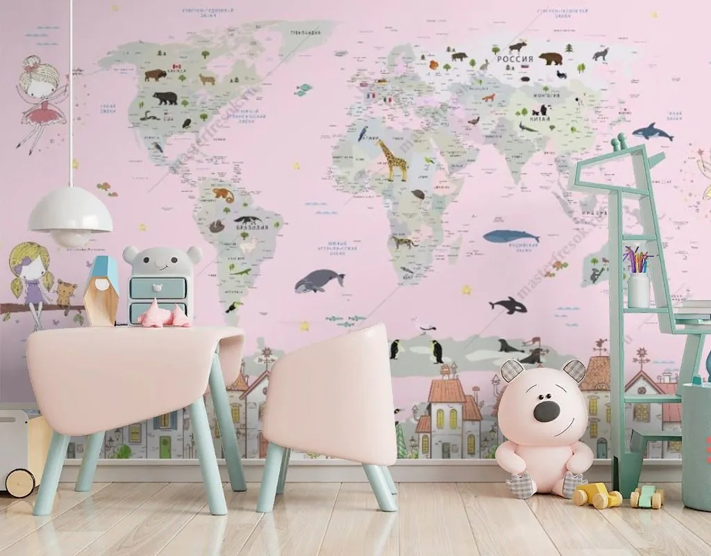 Фотообои в интерьере розовая карта с городком  14-539 фото