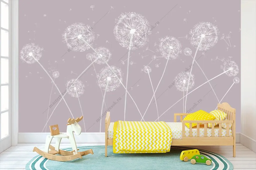 Фотообои в интерьере одуванчики на розовом фоне  14-527 фото