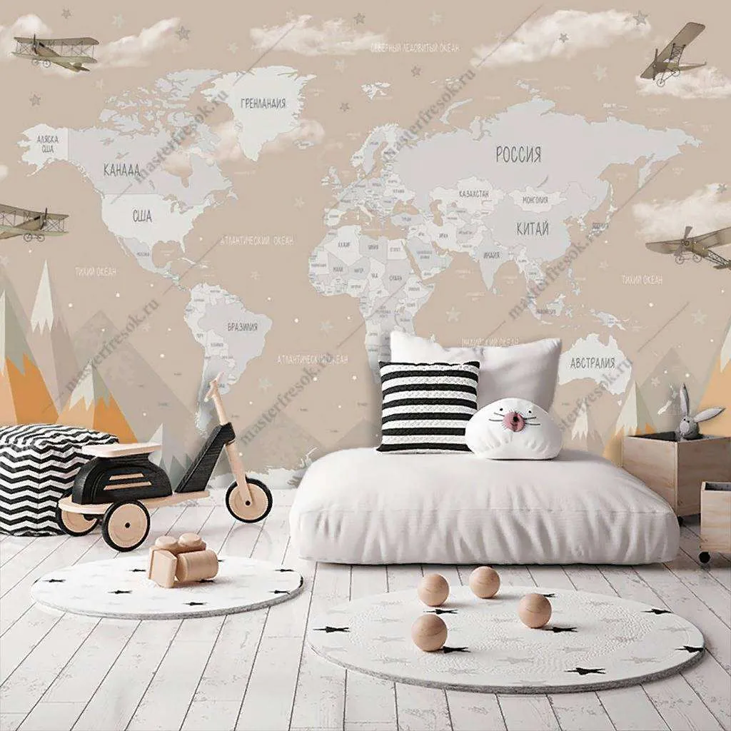 Фотообои Бесшовные обои на стену:  Детская карта мира. Артикул: 14-058  