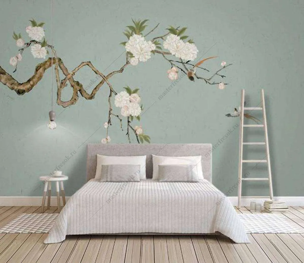 Фотообои в интерьере веточка цветущего миндаля  15-900 фото