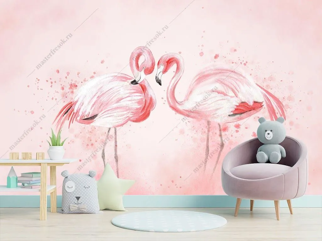 Фотообои в интерьере акварельный фламинго  14-324 фото