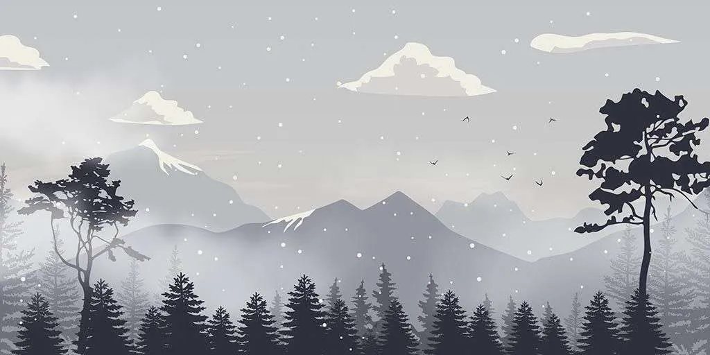 Фотообои в интерьере горы в тумане за лесом  14-348 фото