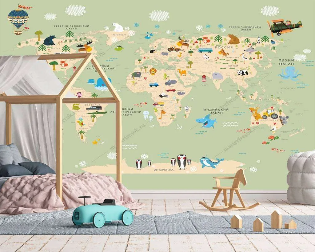 Фотообои в интерьере карта мира на русском зеленая  12-995 фото