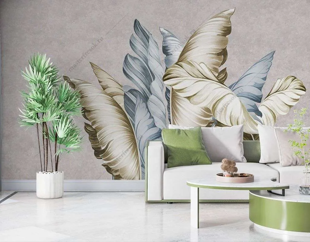 Фотообои в интерьере широкие листья  9-1719 фото