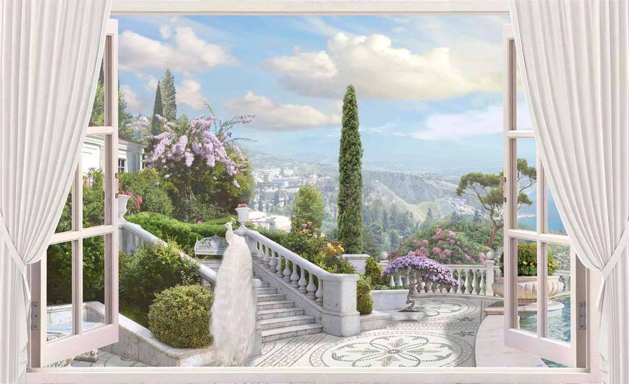 Фотообои в интерьере окно с видом на горы и павлина  7-660 фото