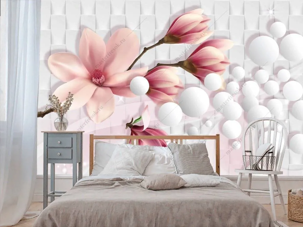 Фотообои в интерьере 3д розовая магнолия  10-831 фото