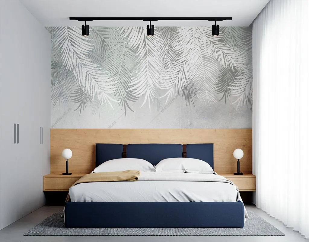 Фотообои в интерьере серые пальмовые листья сверху  9-1817 фото
