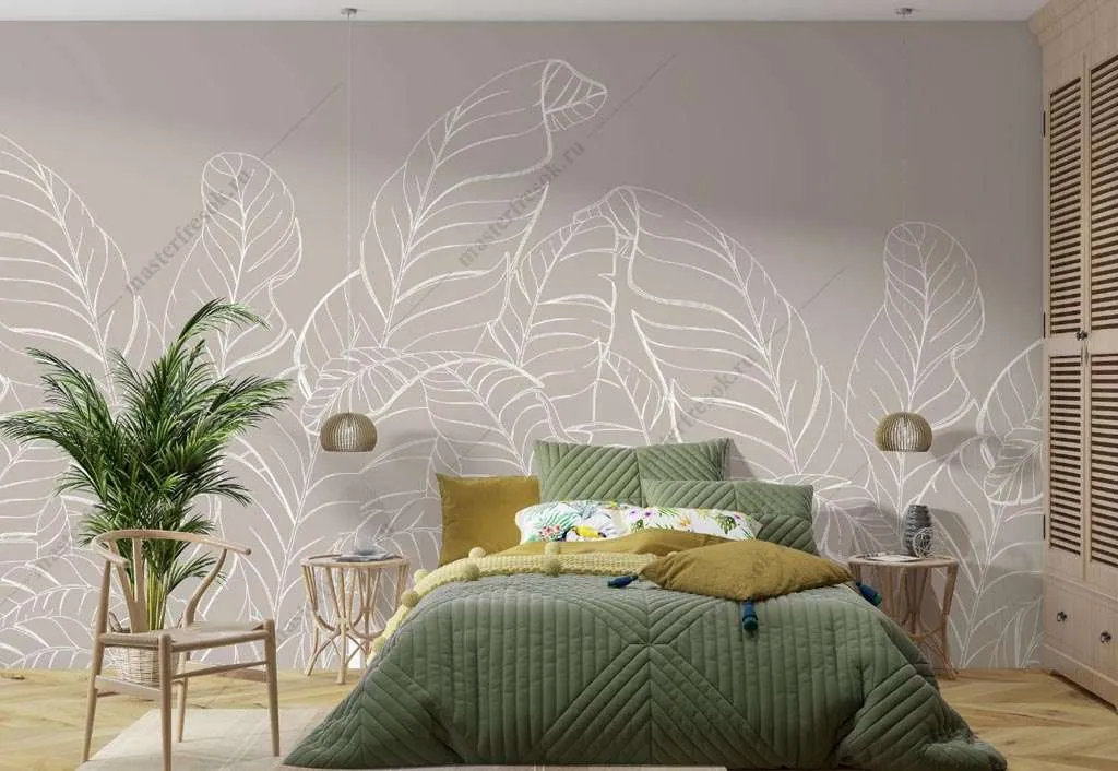 Фотообои в интерьере пальмы листья в бежевых тонах  14-467 фото