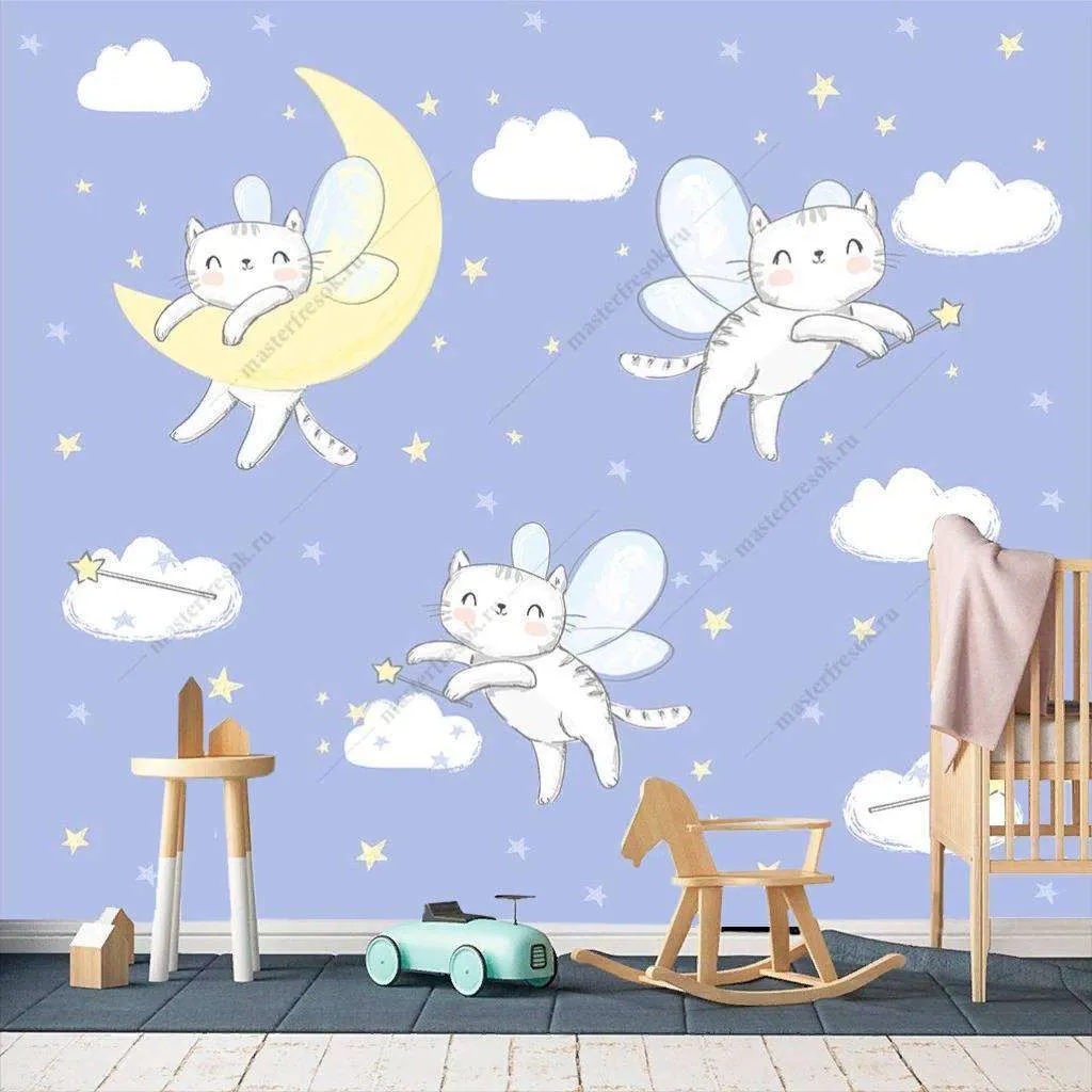 Фотообои в интерьере кошки-феи парят над облаками  12-412 фото