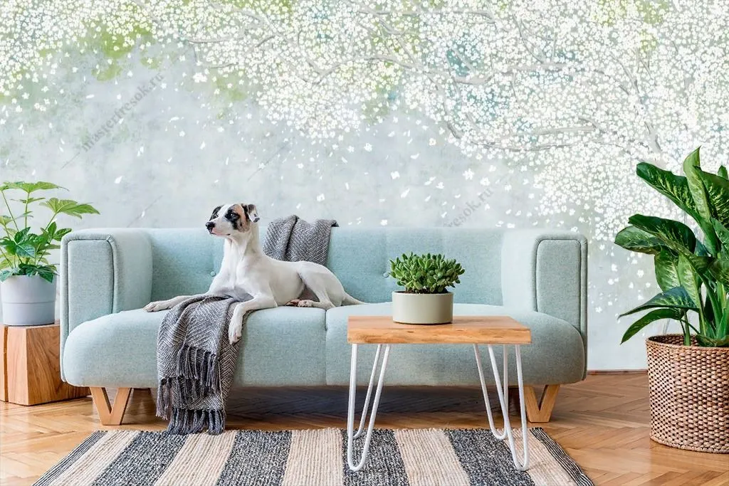 Фотообои Цветущая яблоня на сером фоне  9-1695