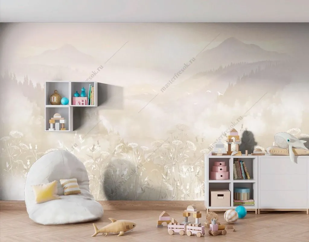 Фотообои в интерьере полевые цветы в тумане  13-601 фото