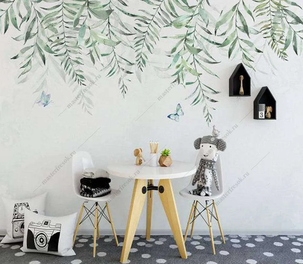 Фотообои в интерьере бабочки в листьях  16-182 фото