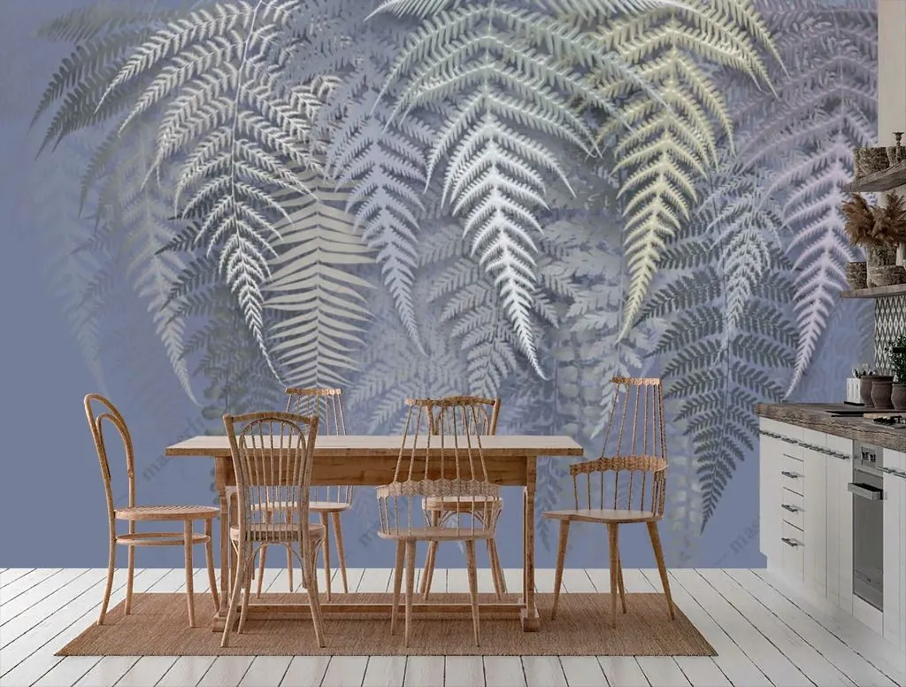 Фотообои в интерьере папоротник на синем фоне  13-363 фото