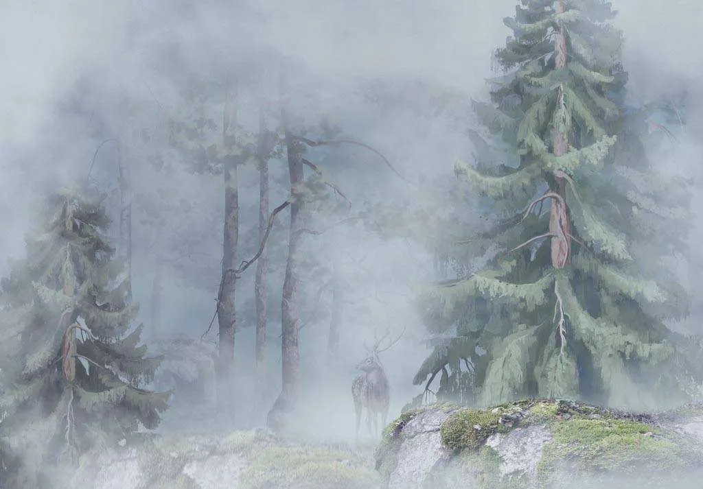 Фотообои в интерьере туманный лес акварелью  13-285 фото