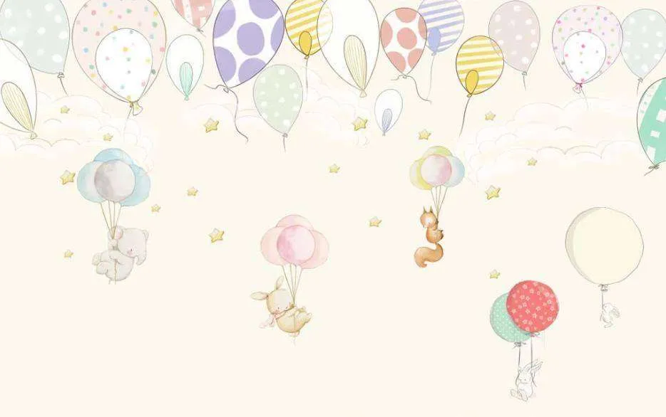 Фотообои в интерьере воздушные шарики и милые животные  15-297 фото
