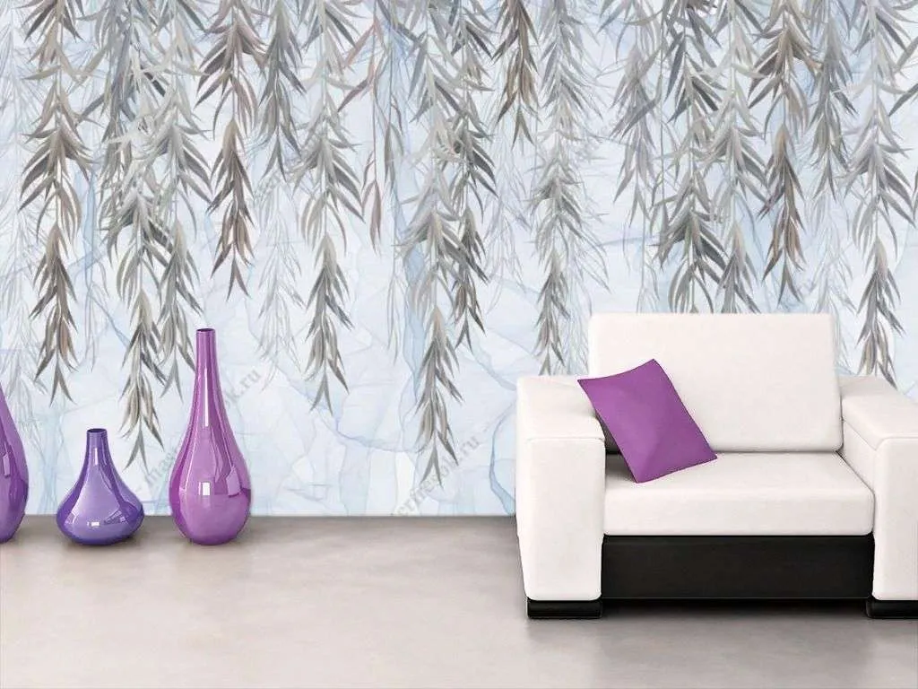 Фотообои в интерьере ветви ивы на голубом фоне  9-1479 фото