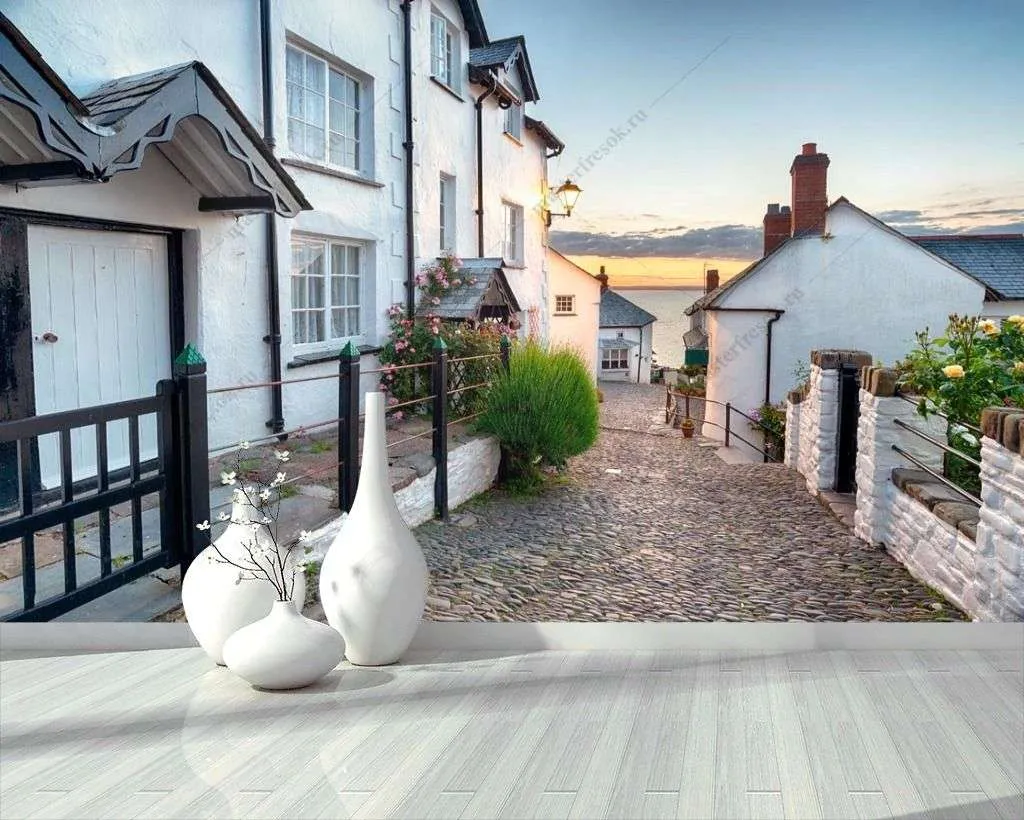 Фотообои в интерьере улочка с белыми домами  9-1412 фото