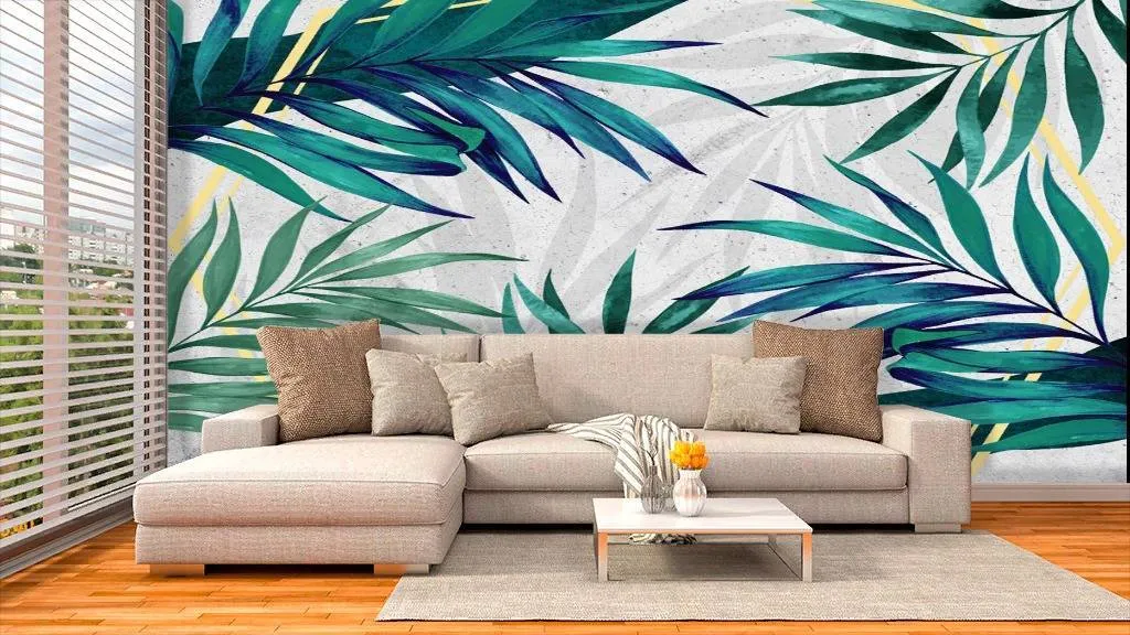 Фотообои в интерьере яркие тропические листья  10-721 фото