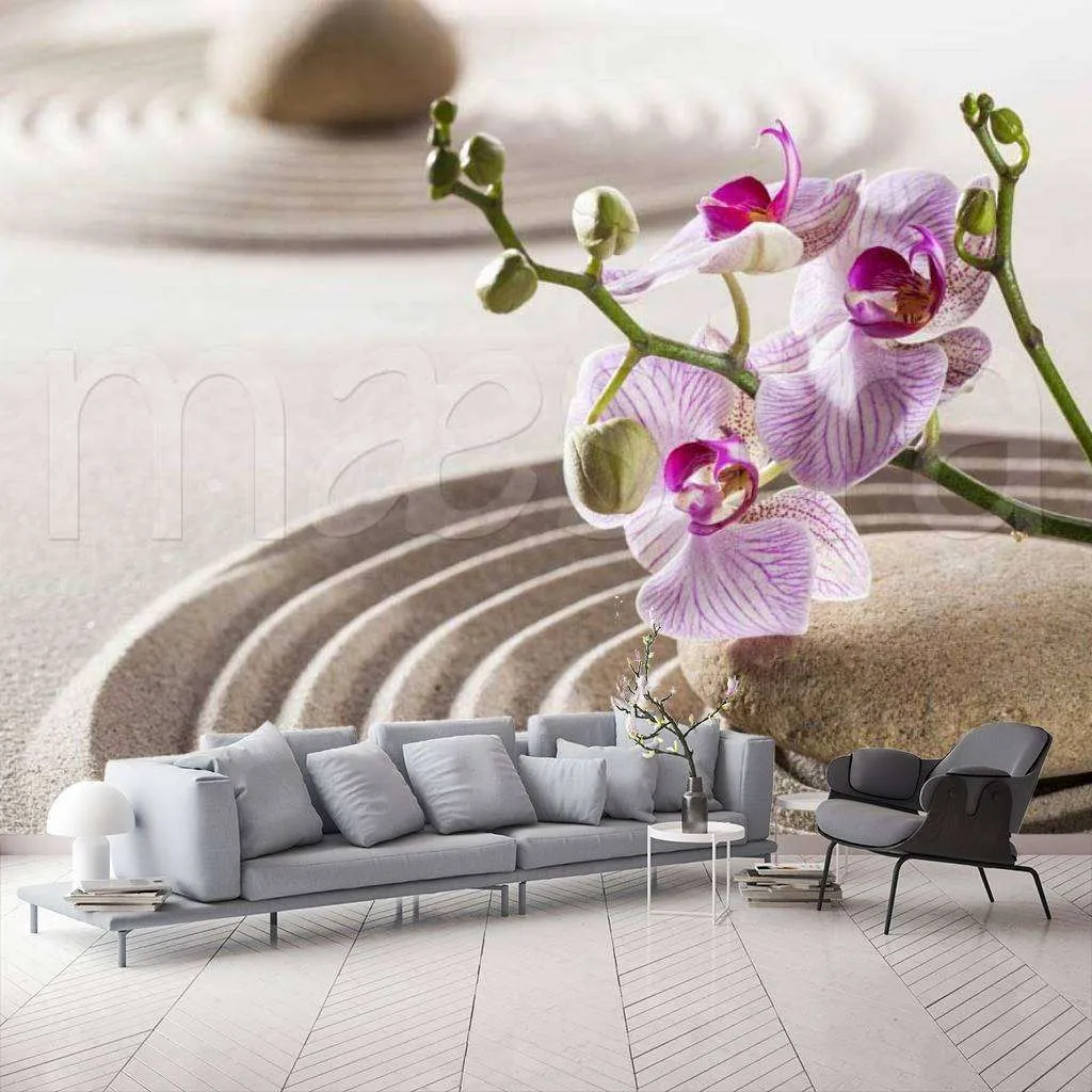 Фотообои в интерьере розовая орхидея на песке  10-177 фото