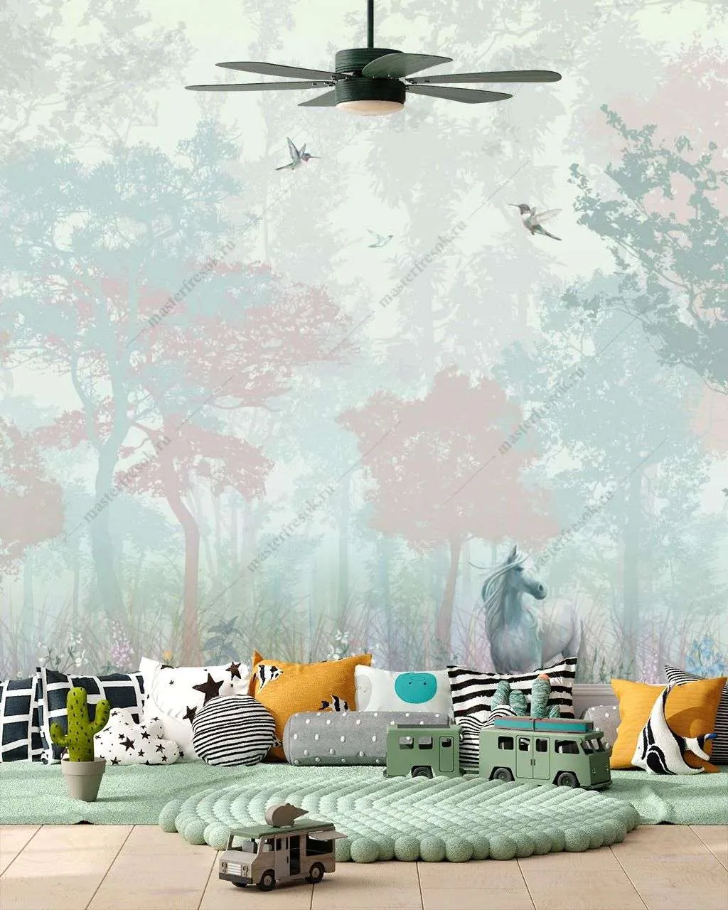 Фотообои в интерьере лошадка в туманном лесу  12-1314 фото