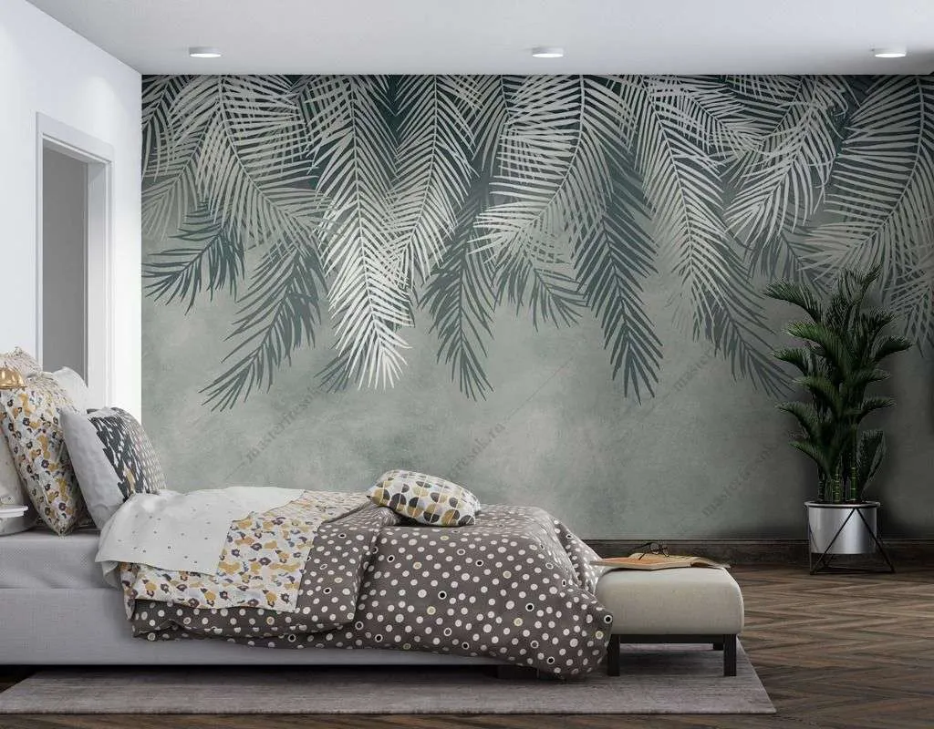 Фотообои в интерьере листья серые  9-1462 фото