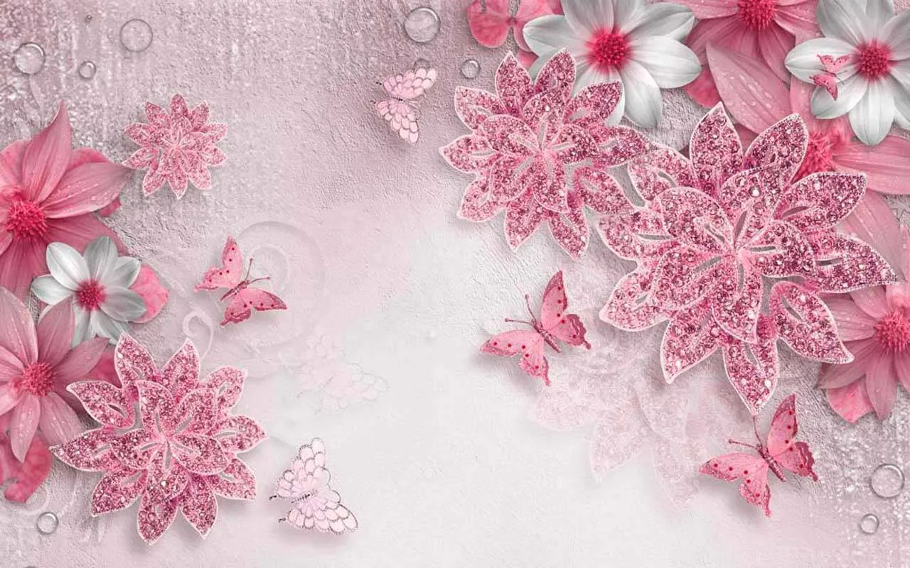 Фотообои в интерьере 3д цветы со стразами на розовом цвете  10-486 фото