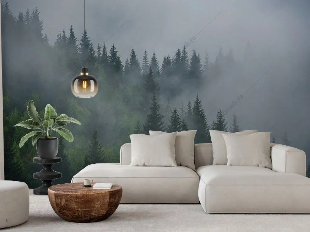 Фотообои в интерьере в спальню туманные лес утром  9-1858 фото