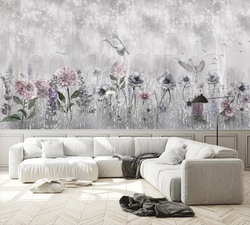 Фотообои Журавли летят над цветами  7-604