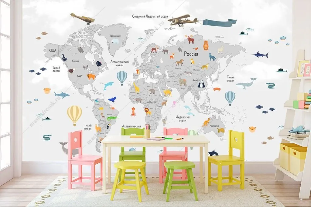 Фотообои Светлая карта мира с животными  14-284