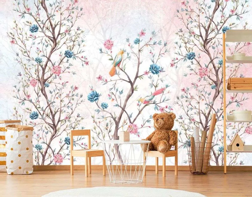Фотообои в интерьере птицы на цветущем дереве  14-474 фото