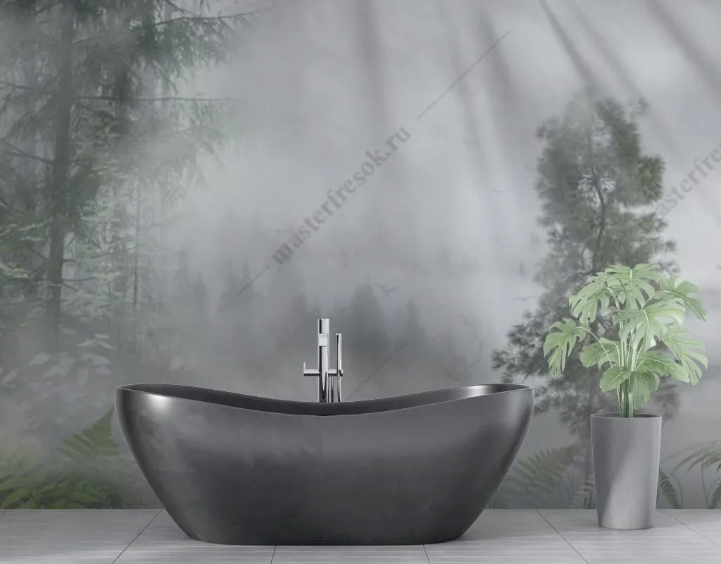 Фотообои в интерьере лучи солнца в туманном лесу  13-465 фото