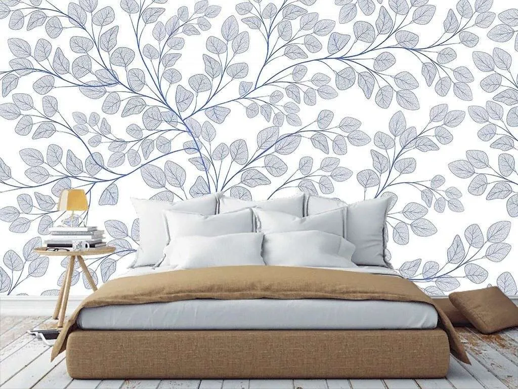 Фотообои в интерьере в спальню листочки голубые на белом фоне  9-1983 фото
