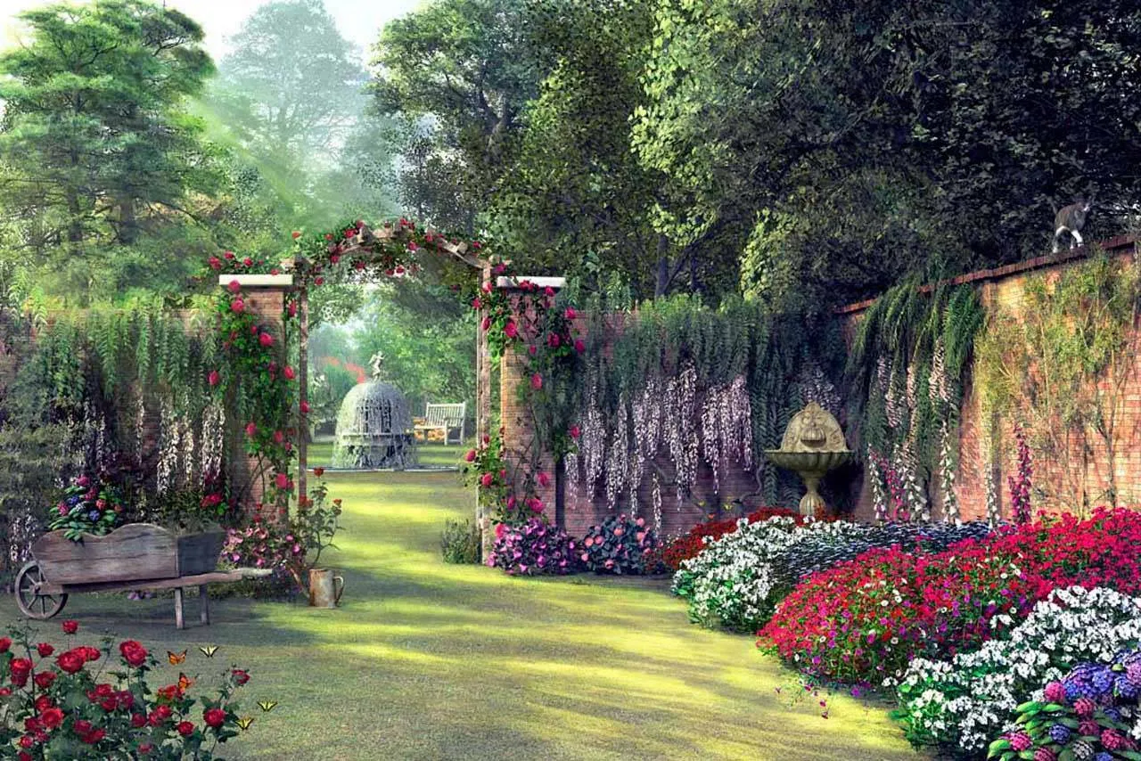 Фотообои в интерьере зеленый дворик  8-086 фото