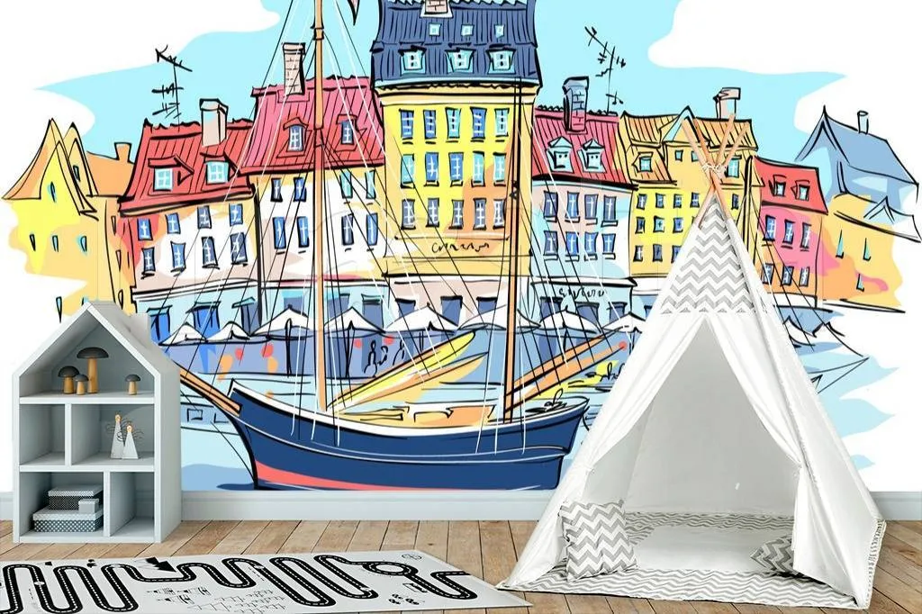 Фотообои Набережная с домиками графика  12-499