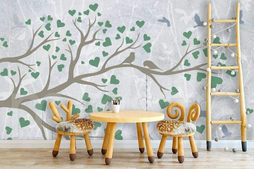 Фотообои Ветка с клеткой и птицами зеленая  7-612