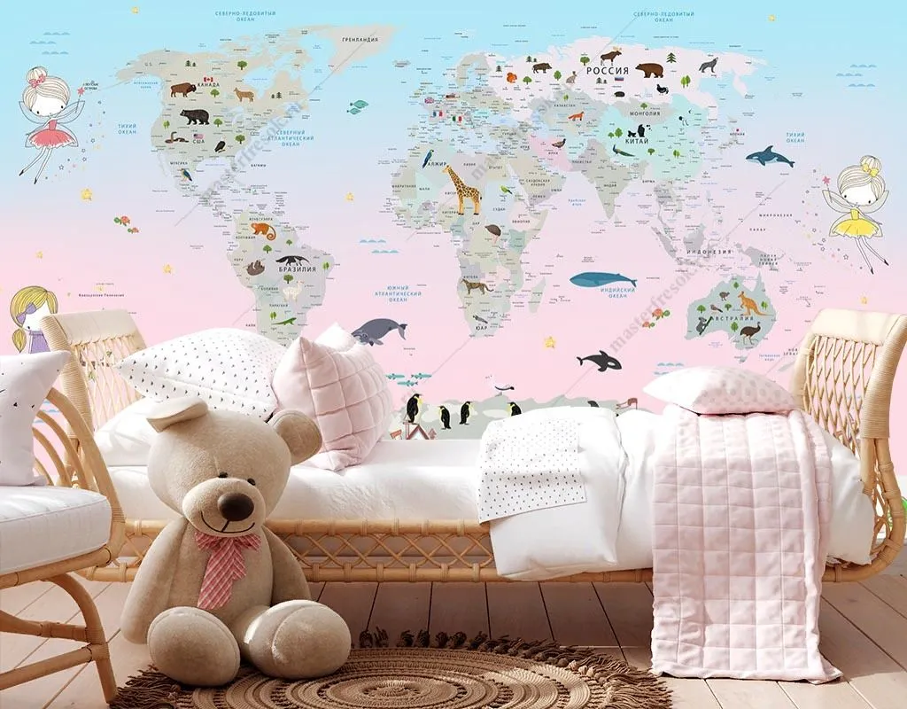 Фотообои в интерьере карта мира в детскую  14-541 фото