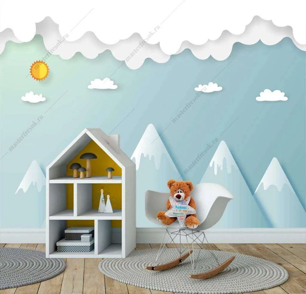 Фотообои в интерьере 3д облака и горы  12-827 фото