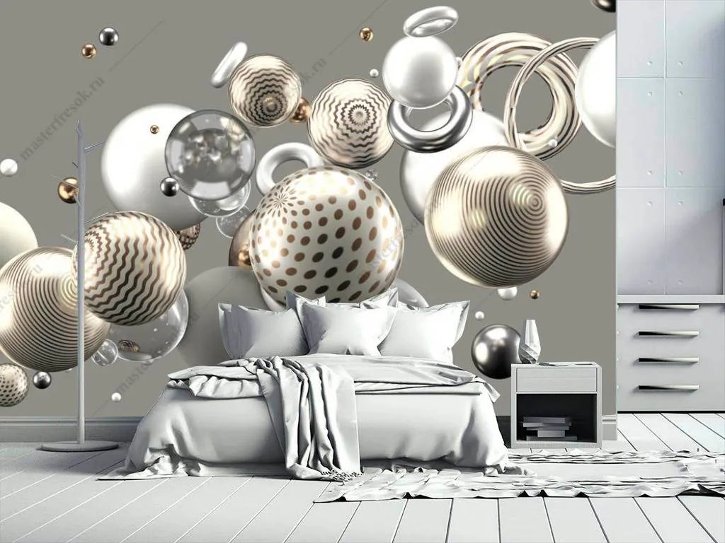 Фотообои в интерьере 3д серебряные шары  10-827 фото