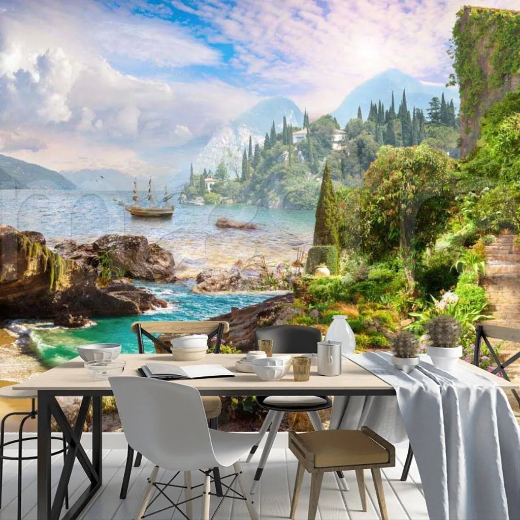 Фотообои в интерьере парк с видом на скалистый берег  7-039 фото