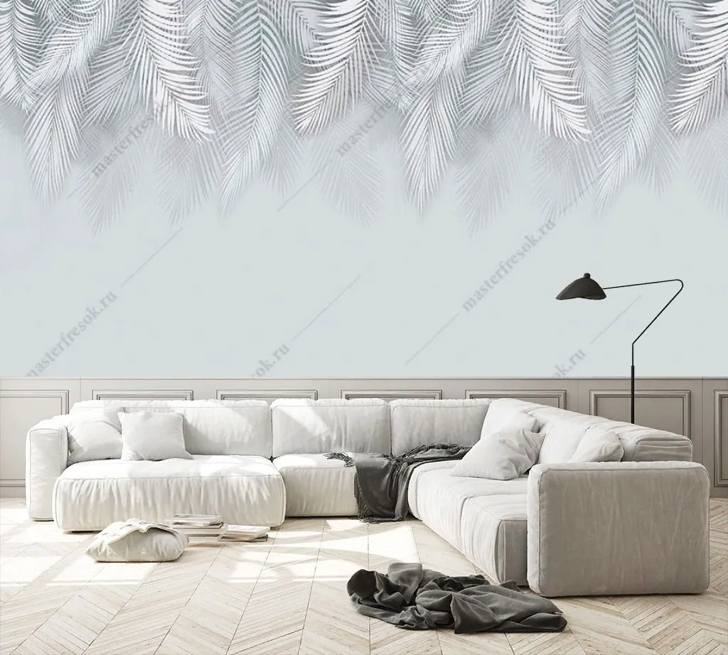 Фотообои в интерьере листья пальмы пушистые серые  14-672 фото