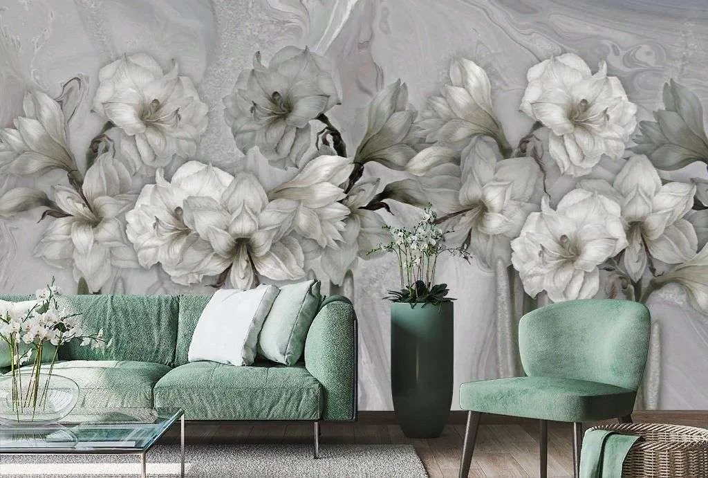 Фотообои в интерьере винтажные серые цветы  13-341 фото