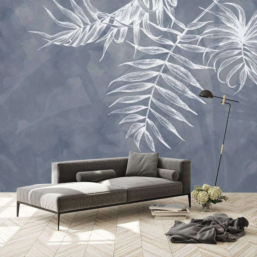 Фотообои в интерьере 3д узор белые тропические листья  15-472 фото