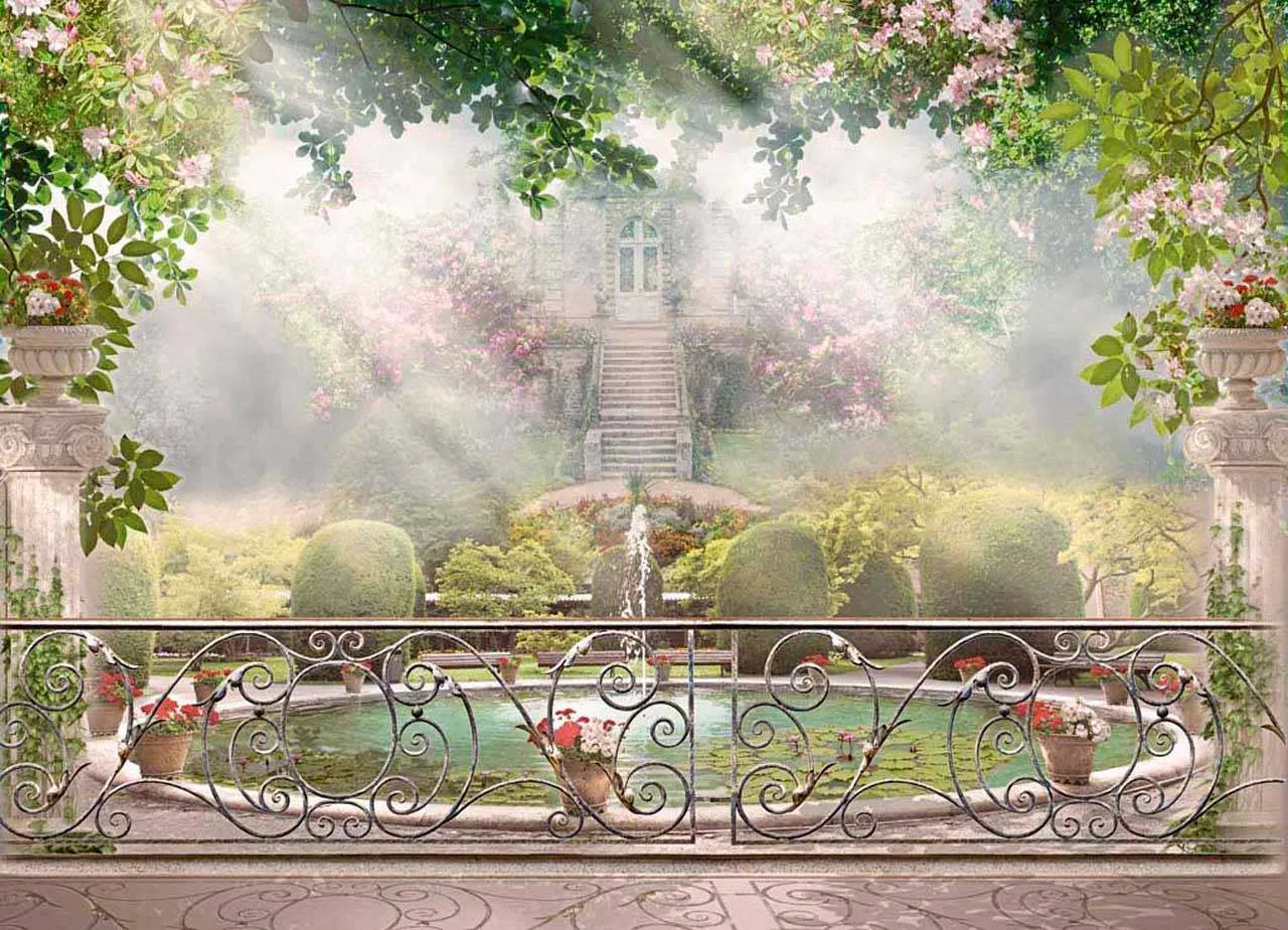 Фотообои в интерьере фонтан в солнечном саду  6-046 фото