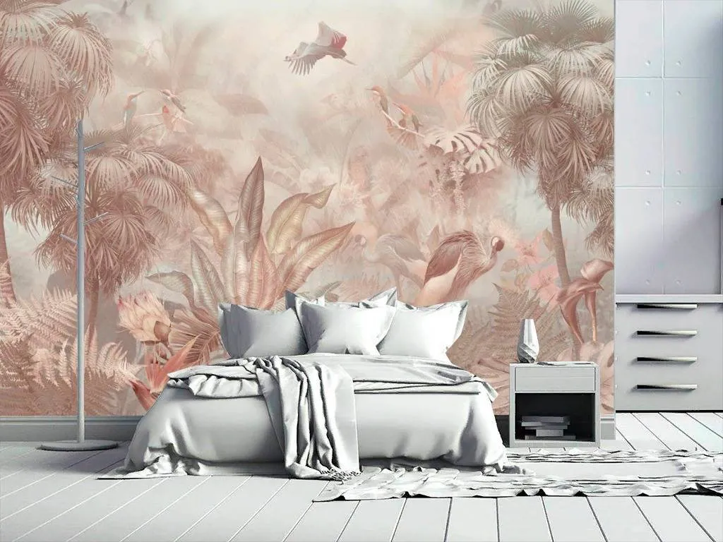 Фотообои в интерьере розовые тропики  13-267 фото