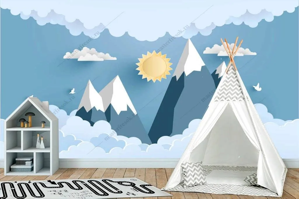 Фотообои в интерьере 3д горы и солнце  12-862 фото