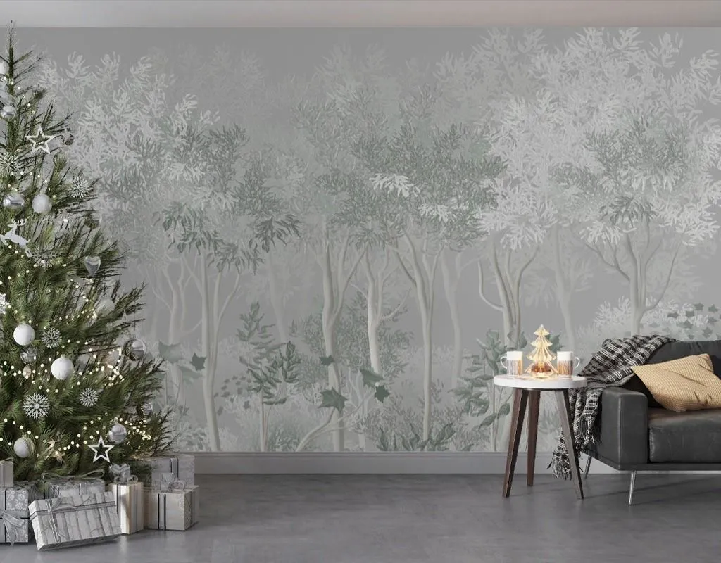 Фотообои в интерьере в гостиную лес серый   13-672 фото